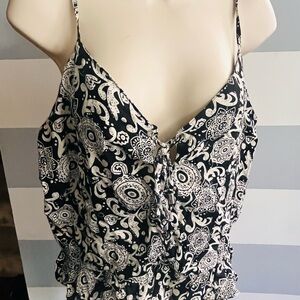 Blue Island Black and White Tie Front Blouse